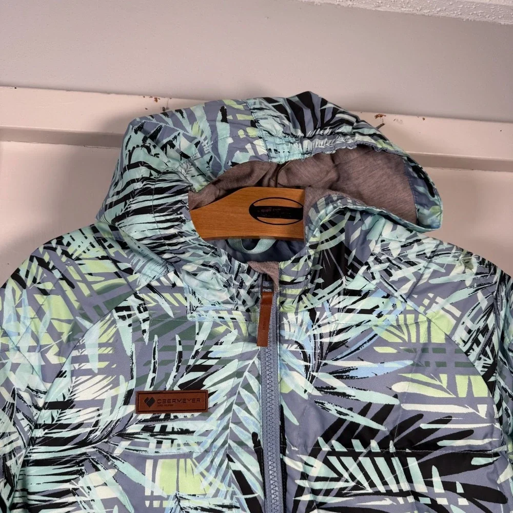 Obermeyer Peri Down Anorak Jacket Kids Girls Light Blue Green Botanical - Large